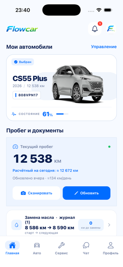 Главный экран: пробег, документы и состояние автомобиля